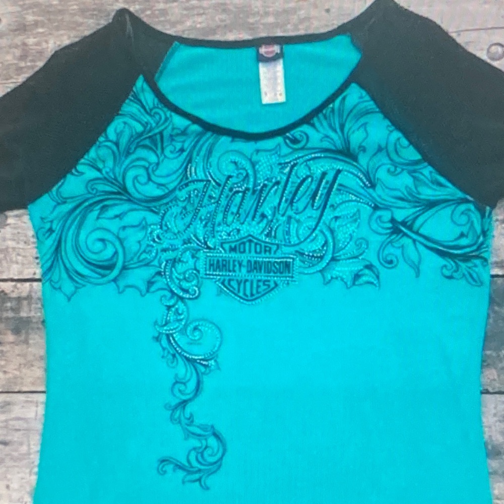 Harley-Davidson Teal and Black Rhinestone Logo Raglan Tee